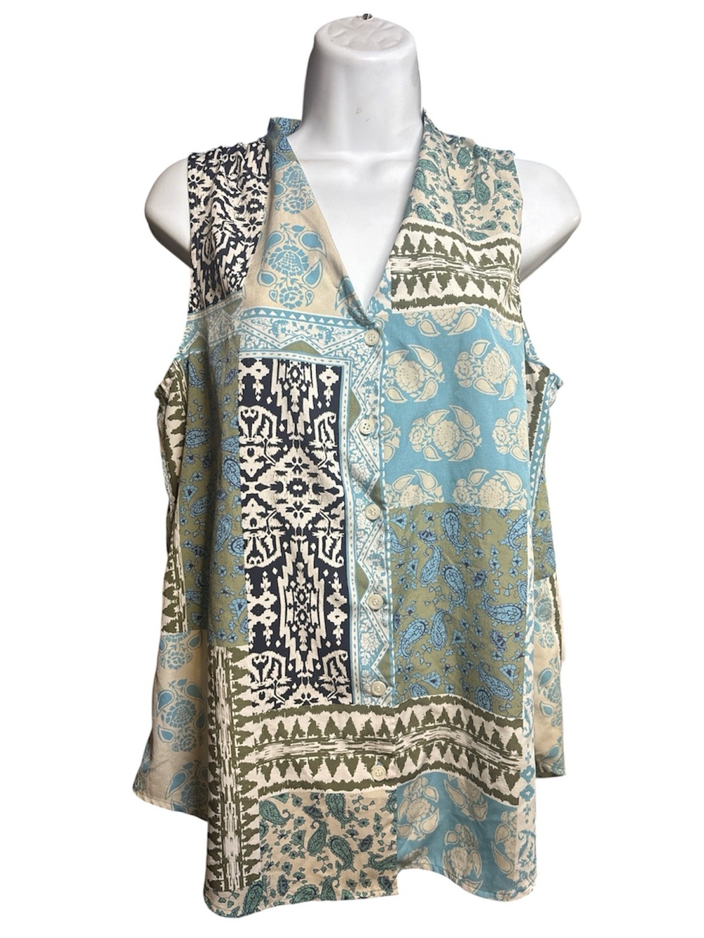 Boho Patchwork Sleeveless Button Up Blouse Top Mixed Print Women's Size M/L